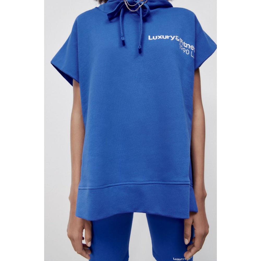 Zara Women Blue Sleeveless Hoodie Sweatshirt Relaxed Fit Cotton 5643/324 M